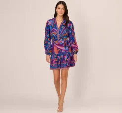 Adrianna Papell Wedding Guest Dresses|Day Dresses*Long Sleeve Retro Printed A Line Dress In Blue Multi