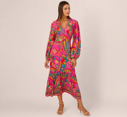 Adrianna Papell Wedding Guest Dresses|Day Dresses*Long Sleeve Retro Printed Midi Dress In Pink Multi