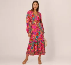 Adrianna Papell Wedding Guest Dresses|Day Dresses*Long Sleeve Retro Printed Midi Dress In Pink Multi