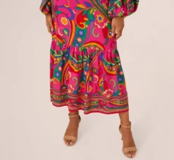 Adrianna Papell Wedding Guest Dresses|Day Dresses*Long Sleeve Retro Printed Midi Dress In Pink Multi