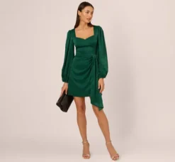 Adrianna Papell Wedding Guest Dresses|Day Dresses*Long Sleeve Satin Dress With Draped Details In Dark Ivy