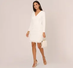 Adrianna Papell Little White Dresses*Long Sleeve Sequin Fringe Cocktail Dress In