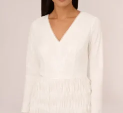 Adrianna Papell Little White Dresses*Long Sleeve Sequin Fringe Cocktail Dress In