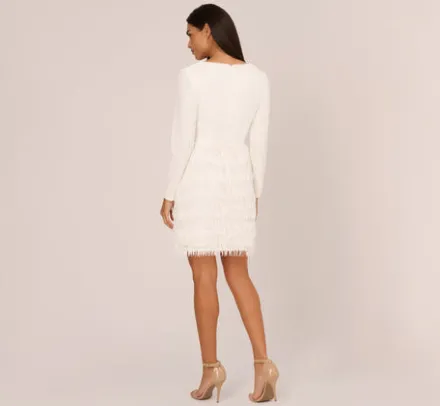 Adrianna Papell Little White Dresses*Long Sleeve Sequin Fringe Cocktail Dress In