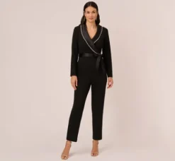 Adrianna Papell Jumpsuits*Long Sleeve Tuxedo Jumpsuit With Crystal Trim In
