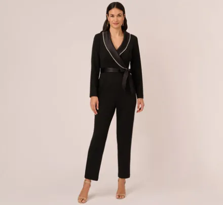 Adrianna Papell Jumpsuits*Long Sleeve Tuxedo Jumpsuit With Crystal Trim In