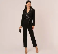 Adrianna Papell Jumpsuits*Long Sleeve Tuxedo Jumpsuit With Crystal Trim In