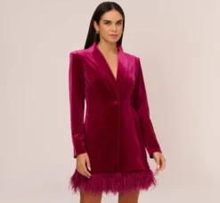 Adrianna Papell Wedding Guest Dresses*Long Sleeve Velvet Tuxedo Dress With Feather Hem In