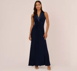 Adrianna Papell Wedding Guest Dresses|Formal Dresses*Matte Jersey Twist Front Tuxedo Long Gown In