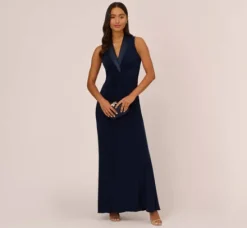 Adrianna Papell Wedding Guest Dresses|Formal Dresses*Matte Jersey Twist Front Tuxedo Long Gown In