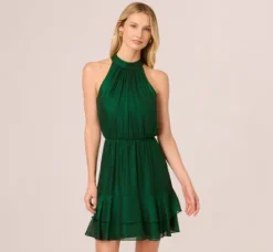 Adrianna Papell Wedding Guest Dresses|Day Dresses*Metallic Blouson Halter Dress In Emerald Green