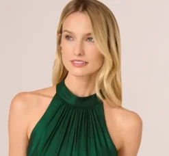 Adrianna Papell Wedding Guest Dresses|Day Dresses*Metallic Blouson Halter Dress In Emerald Green