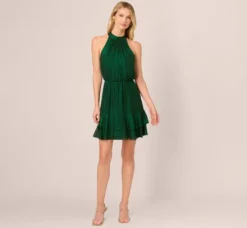 Adrianna Papell Wedding Guest Dresses|Day Dresses*Metallic Blouson Halter Dress In Emerald Green