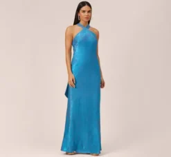 Adrianna Papell Wedding Guest Dresses|Formal Dresses*Metallic Chiffon Halter Gown In Ocean Dream