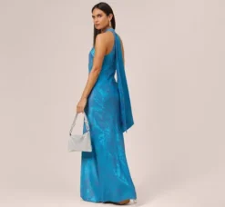 Adrianna Papell Wedding Guest Dresses|Formal Dresses*Metallic Chiffon Halter Gown In Ocean Dream