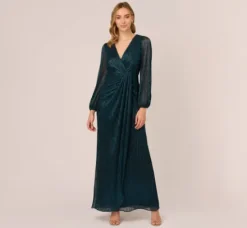 Adrianna Papell Wedding Guest Dresses|Formal Dresses*Metallic Crinkled Mesh Draped Long Gown In Teal Sapphire