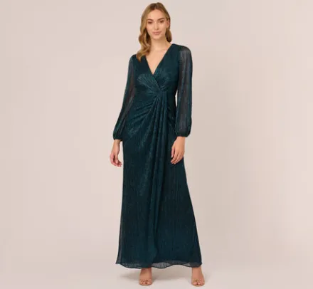 Adrianna Papell Wedding Guest Dresses|Formal Dresses*Metallic Crinkled Mesh Draped Long Gown In Teal Sapphire