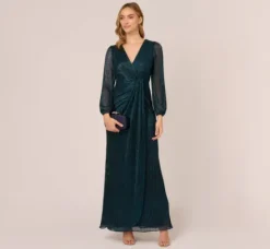 Adrianna Papell Wedding Guest Dresses|Formal Dresses*Metallic Crinkled Mesh Draped Long Gown In Teal Sapphire
