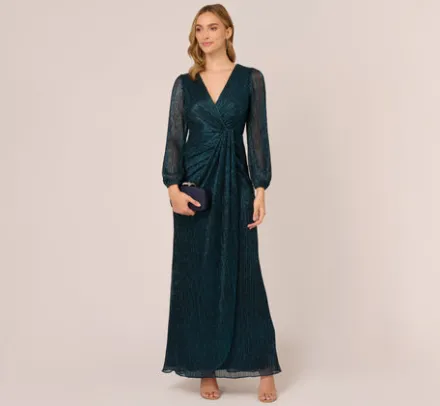 Adrianna Papell Wedding Guest Dresses|Formal Dresses*Metallic Crinkled Mesh Draped Long Gown In Teal Sapphire