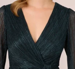 Adrianna Papell Wedding Guest Dresses|Formal Dresses*Metallic Crinkled Mesh Draped Long Gown In Teal Sapphire