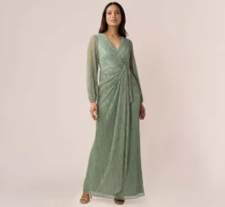 Adrianna Papell Wedding Guest Dresses|Formal Dresses*Metallic Crinkled Mesh Draped Long Gown In Green Slate