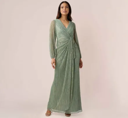 Adrianna Papell Wedding Guest Dresses|Formal Dresses*Metallic Crinkled Mesh Draped Long Gown In Green Slate