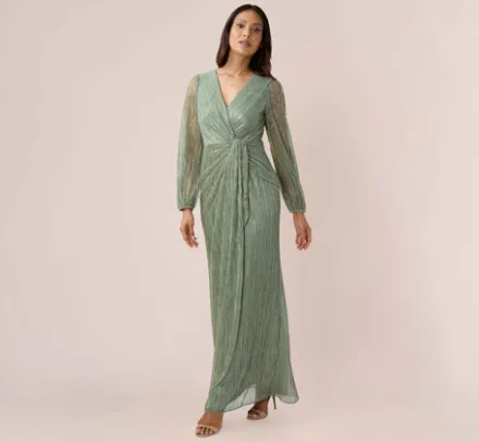 Adrianna Papell Wedding Guest Dresses|Formal Dresses*Metallic Crinkled Mesh Draped Long Gown In Green Slate
