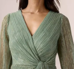Adrianna Papell Wedding Guest Dresses|Formal Dresses*Metallic Crinkled Mesh Draped Long Gown In Green Slate