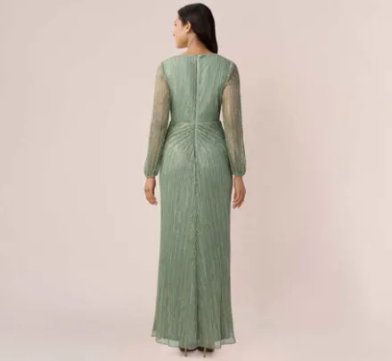 Adrianna Papell Wedding Guest Dresses|Formal Dresses*Metallic Crinkled Mesh Draped Long Gown In Green Slate