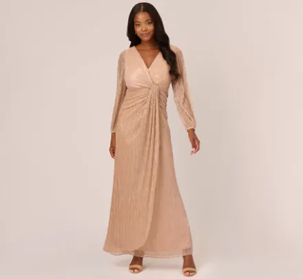 Adrianna Papell Wedding Guest Dresses|Formal Dresses*Metallic Crinkled Mesh Draped Long Gown In Light Gold
