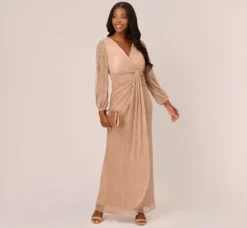 Adrianna Papell Wedding Guest Dresses|Formal Dresses*Metallic Crinkled Mesh Draped Long Gown In Light Gold