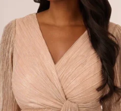 Adrianna Papell Wedding Guest Dresses|Formal Dresses*Metallic Crinkled Mesh Draped Long Gown In Light Gold