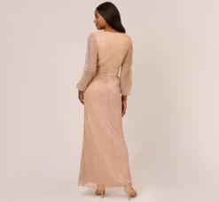 Adrianna Papell Wedding Guest Dresses|Formal Dresses*Metallic Crinkled Mesh Draped Long Gown In Light Gold