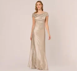 Adrianna Papell Wedding Guest Dresses|Formal Dresses*Metallic Foil Knit Draped Long Gown In
