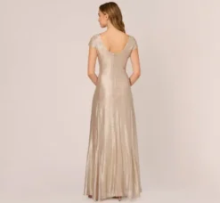 Adrianna Papell Wedding Guest Dresses|Formal Dresses*Metallic Foil Knit Draped Long Gown In