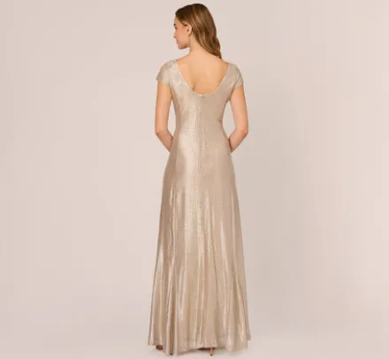 Adrianna Papell Wedding Guest Dresses|Formal Dresses*Metallic Foil Knit Draped Long Gown In