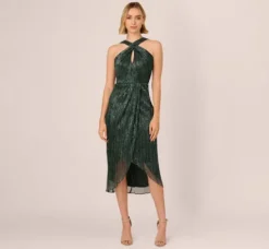 Adrianna Papell Wedding Guest Dresses|Formal Dresses*Metallic Knit Halter Midi Dress With Wrap Skirt In Green Pine
