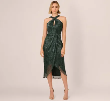 Adrianna Papell Wedding Guest Dresses|Formal Dresses*Metallic Knit Halter Midi Dress With Wrap Skirt In Green Pine