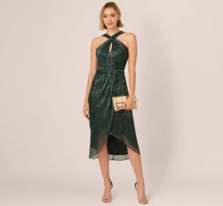 Adrianna Papell Wedding Guest Dresses|Formal Dresses*Metallic Knit Halter Midi Dress With Wrap Skirt In Green Pine