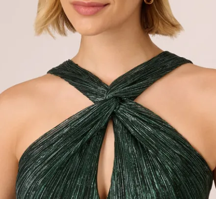 Adrianna Papell Wedding Guest Dresses|Formal Dresses*Metallic Knit Halter Midi Dress With Wrap Skirt In Green Pine