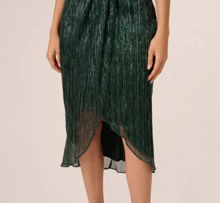Adrianna Papell Wedding Guest Dresses|Formal Dresses*Metallic Knit Halter Midi Dress With Wrap Skirt In Green Pine