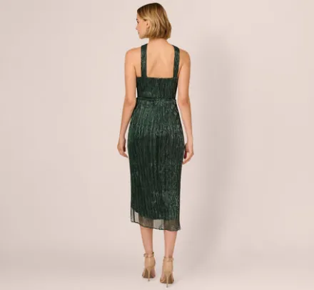 Adrianna Papell Wedding Guest Dresses|Formal Dresses*Metallic Knit Halter Midi Dress With Wrap Skirt In Green Pine