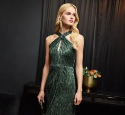 Adrianna Papell Wedding Guest Dresses|Formal Dresses*Metallic Knit Halter Midi Dress With Wrap Skirt In Green Pine