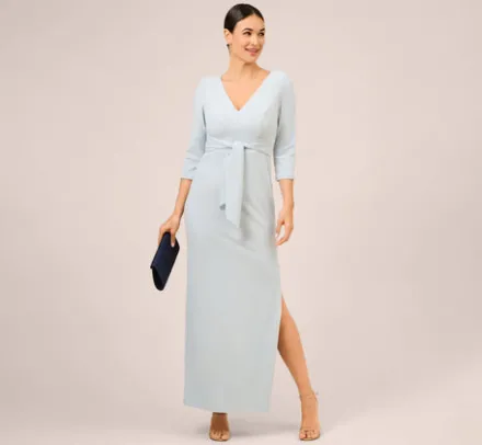 Adrianna Papell Wedding Guest Dresses|Formal Dresses*Metallic Knit Tie-Front Long Column Gown In