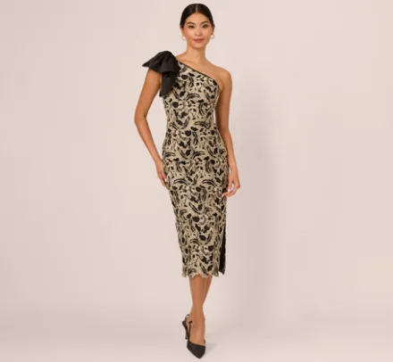 Adrianna Papell Wedding Guest Dresses|Grandmother Of The Bride & Groom*Metallic Leaf Lace Ankle Dress In Black Gold