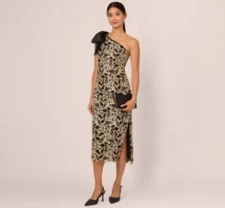 Adrianna Papell Wedding Guest Dresses|Grandmother Of The Bride & Groom*Metallic Leaf Lace Ankle Dress In Black Gold