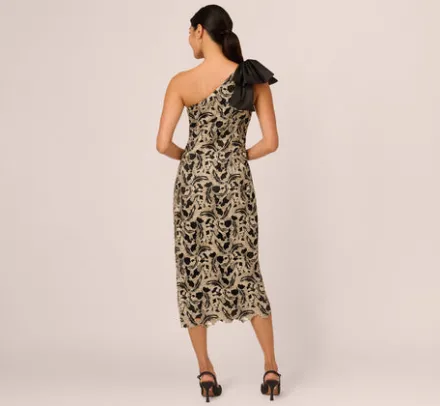 Adrianna Papell Wedding Guest Dresses|Grandmother Of The Bride & Groom*Metallic Leaf Lace Ankle Dress In Black Gold
