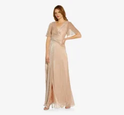 Adrianna Papell Wedding Guest Dresses|Formal Dresses*Metallic Mesh Draped Gown In Rose Gold