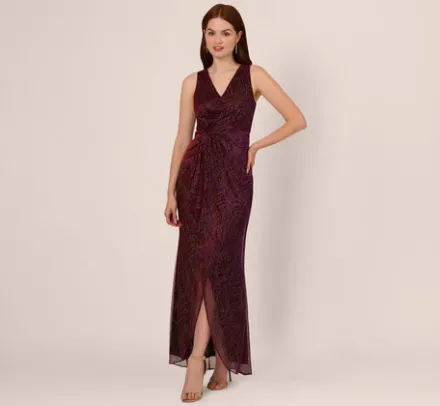 Adrianna Papell Wedding Guest Dresses|Formal Dresses*Metallic Mesh Faux Wrap Gown With Ruffle Accents In Burgundy Gold
