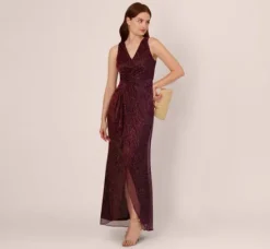Adrianna Papell Wedding Guest Dresses|Formal Dresses*Metallic Mesh Faux Wrap Gown With Ruffle Accents In Burgundy Gold